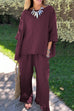 Rosiedress Cotton Linen 3/4 Sleeves Pullover Top Wide Leg Ruffle Hem Pants Set