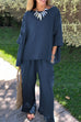 Rosiedress Cotton Linen 3/4 Sleeves Pullover Top Wide Leg Ruffle Hem Pants Set