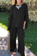 Rosiedress Cotton Linen 3/4 Sleeves Pullover Top Wide Leg Ruffle Hem Pants Set