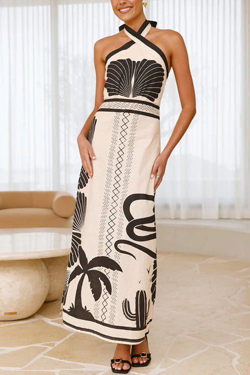 Rosiedress Palm Canyon Print Criss Cross Halter Maxi Dress