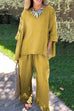 Rosiedress Cotton Linen 3/4 Sleeves Pullover Top Wide Leg Ruffle Hem Pants Set