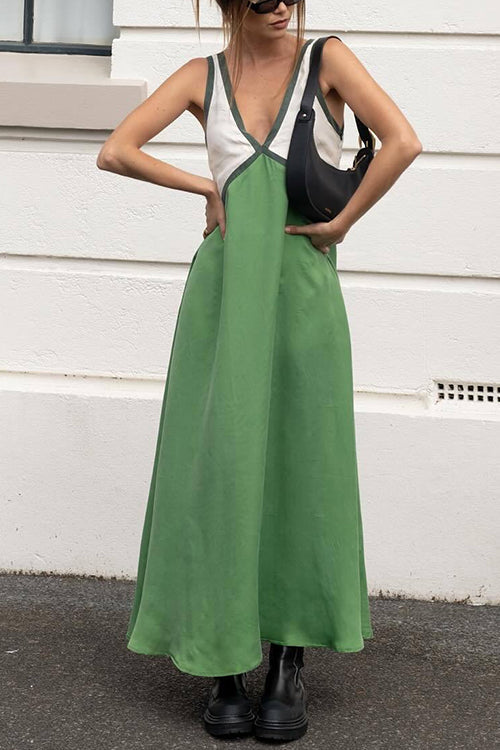 Rosiedress V Neck Color Block Sleeveless Maxi Swing Dress