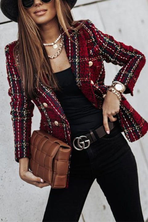 Rosiedress Double Breasted Open Front Plaid Blazer Jacket