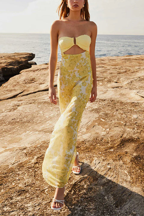 Rosiedress Strapless Tie Back Cut Out Floral Print Maxi Dress