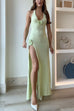 Rosiedress Halter V Neck Backless Slit Rose Applique Knit Maxi Dress