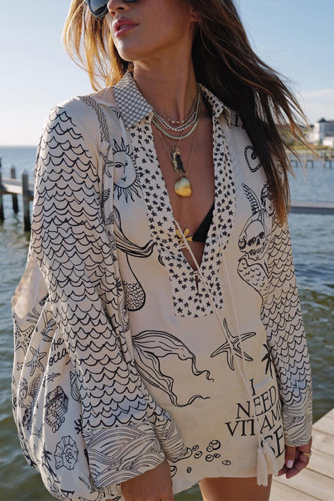Rosiedress Collared V Neck Shirt and Side Slit Shorts Vitamin Sea Print Set