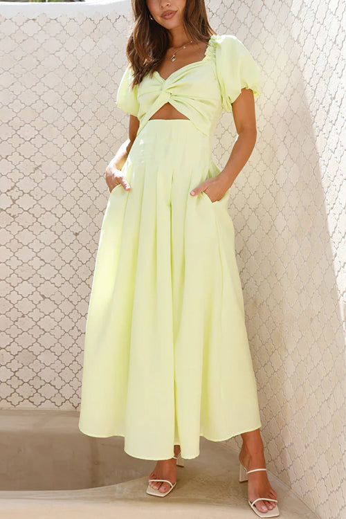 Rosiedress Puff Sleeves Twist Front Cut Out Swing Maxi Dress
