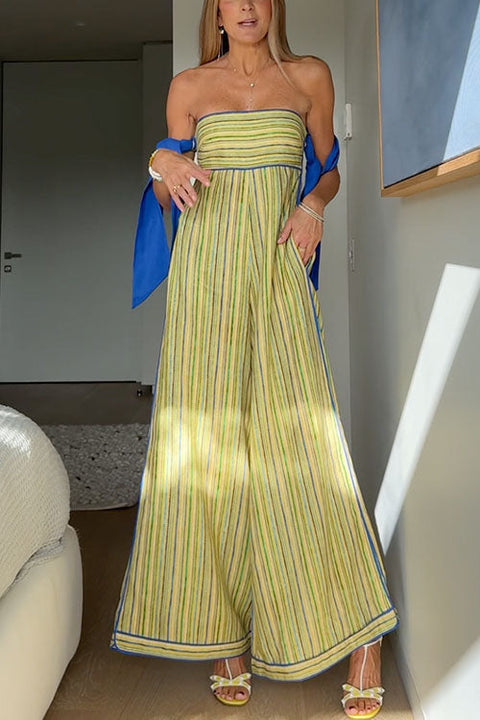 Strapless Pocketed Wide Leg Color Block Striped Jumpsuit