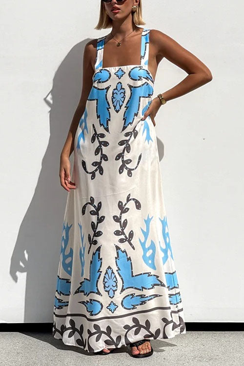 Rosiedress Square Neck Tie Knot Backless Printed Maxi Cami Dress