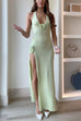 Rosiedress Halter V Neck Backless Slit Rose Applique Knit Maxi Dress