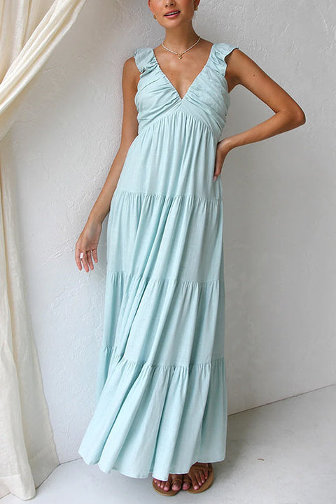 Rosiedress V Neck Ruffle Trim Tiered Sleeveless Linen Maxi Dress