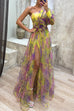 Rosiedress One Shoulder Waisted High Slit Mesh Overlay Printed Maxi Dress