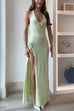 Rosiedress Halter V Neck Backless Slit Rose Applique Knit Maxi Dress