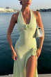 Rosiedress Halter V Neck Backless Slit Rose Applique Knit Maxi Dress