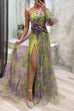 Rosiedress One Shoulder Waisted High Slit Mesh Overlay Printed Maxi Dress