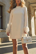 Rosiedress Mockneck Feather Trim Long Sleeves Mini Dress