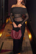 Rosiedress Off Shoulder Long Sleeves Mesh Splice Maxi Dress