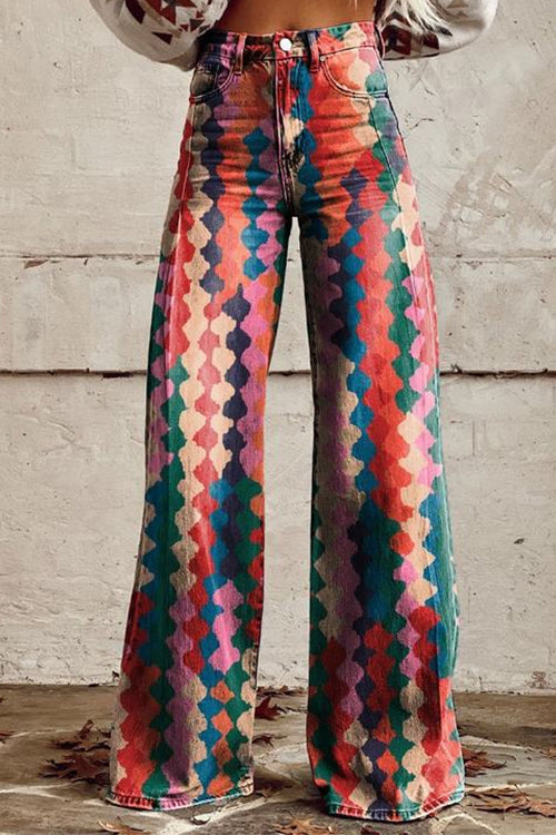 Rosiedress High Rise Color Block Printed Wide Leg Pants