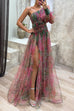 Rosiedress One Shoulder Waisted High Slit Mesh Overlay Printed Maxi Dress
