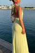 Rosiedress Halter V Neck Backless Slit Rose Applique Knit Maxi Dress
