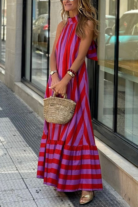 Rosiedress Halter Neck Open Back Striped Ruffle Maxi Vacation Dress