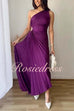 Rosiedress One Shoulder Cut Out Waist Solid Pleated Maxi Dress