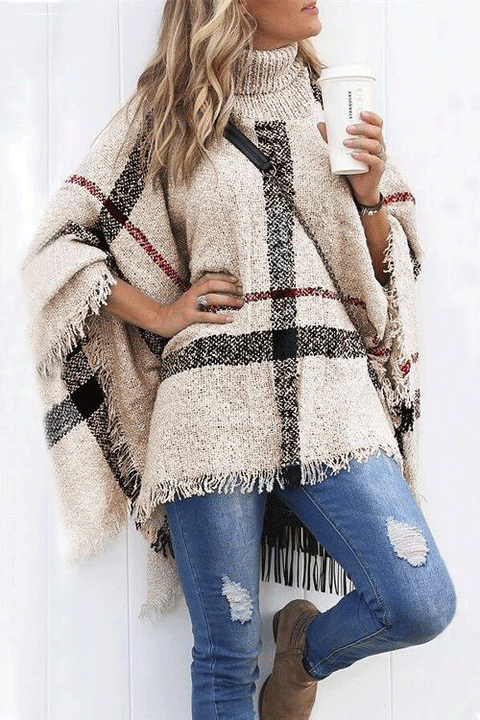 Rosiedress Soft Tassel Lattice Cloak Poncho Sweater