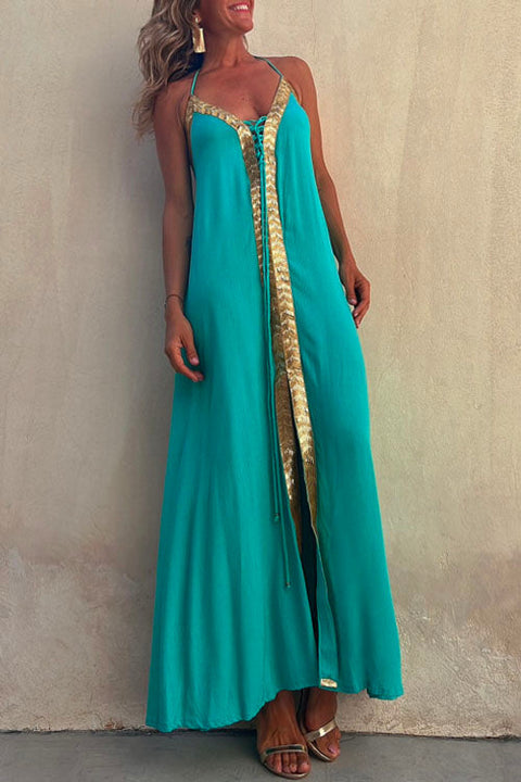 Rosiedress V Neck Backless Sequin Detailed Slit Maxi Cami Dress