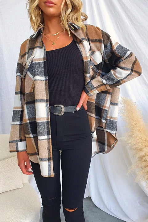 Rosiedress Lapel Button Down Pockets Plaid Shacket Coat