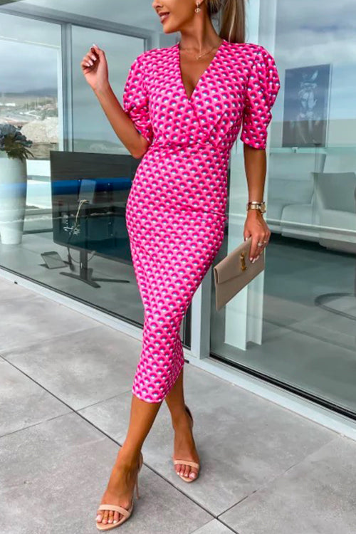 Rosiedress Wrap V Neck Puff Sleeves Printed Midi Bodycon Dress