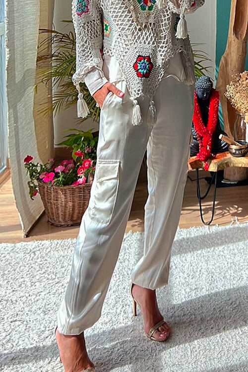 Rosiedress Solid Satin Cargo Pants with Pockets