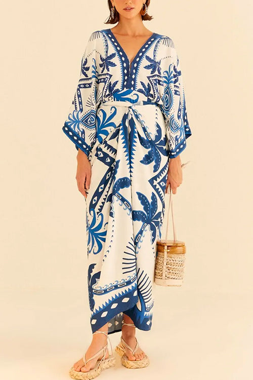 Rosiedress V Neck Kimono Sleeves Tie Waist Printed Wrap Dress