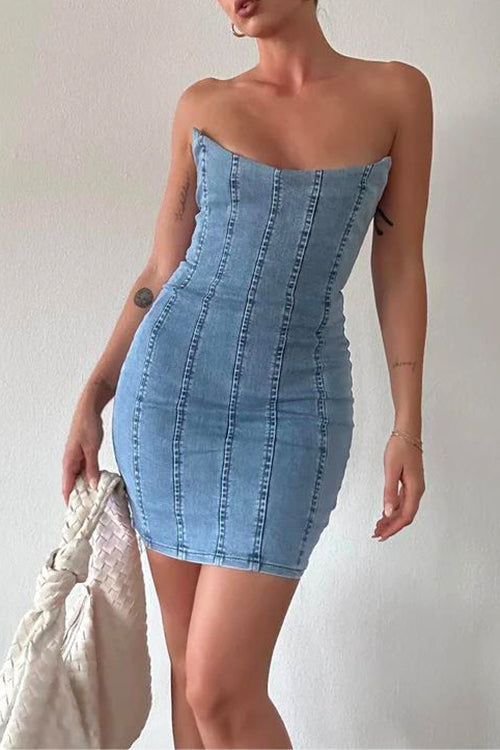 Rosiedress Strapless Tube Top Denim Mini Bodycon Dress