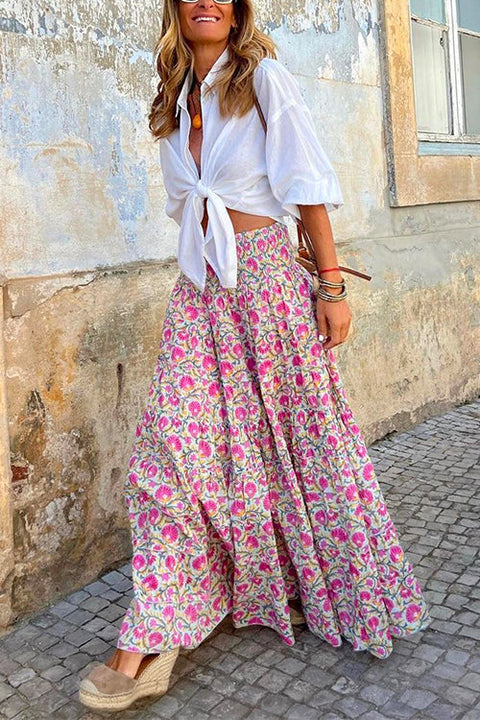 Rosiedress Frilled Elastic Waist Bohemia Floral Maxi Flowy Skirt