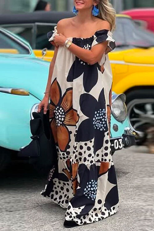 Rosiedress Off Shoulder Floral Printed Ruffle Maxi Holiday Dress