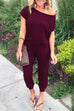 Rosiedress Solid Cold Shoulder Short Sleeves Elastic Waist Loungewear Jumpsuit