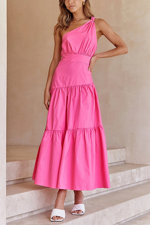 (4 Colors)Rosiedress One Shoulder High Waist Tiered Maxi Dress