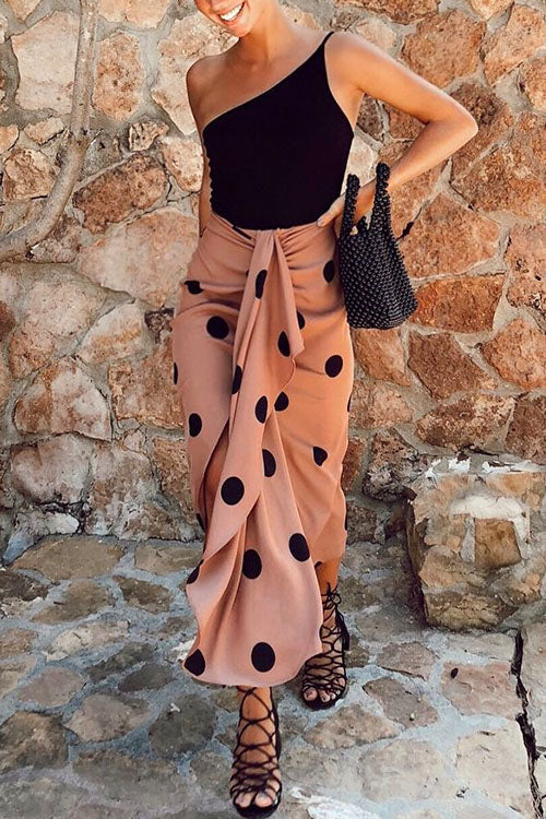 Rosiedress Drape Front Slit Ruched Polka Dot Skirts