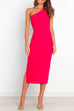 Rosiedress One Shoulder Ruched Side Split Midi Pencil Dress