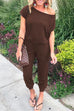 Rosiedress Solid Cold Shoulder Short Sleeves Elastic Waist Loungewear Jumpsuit