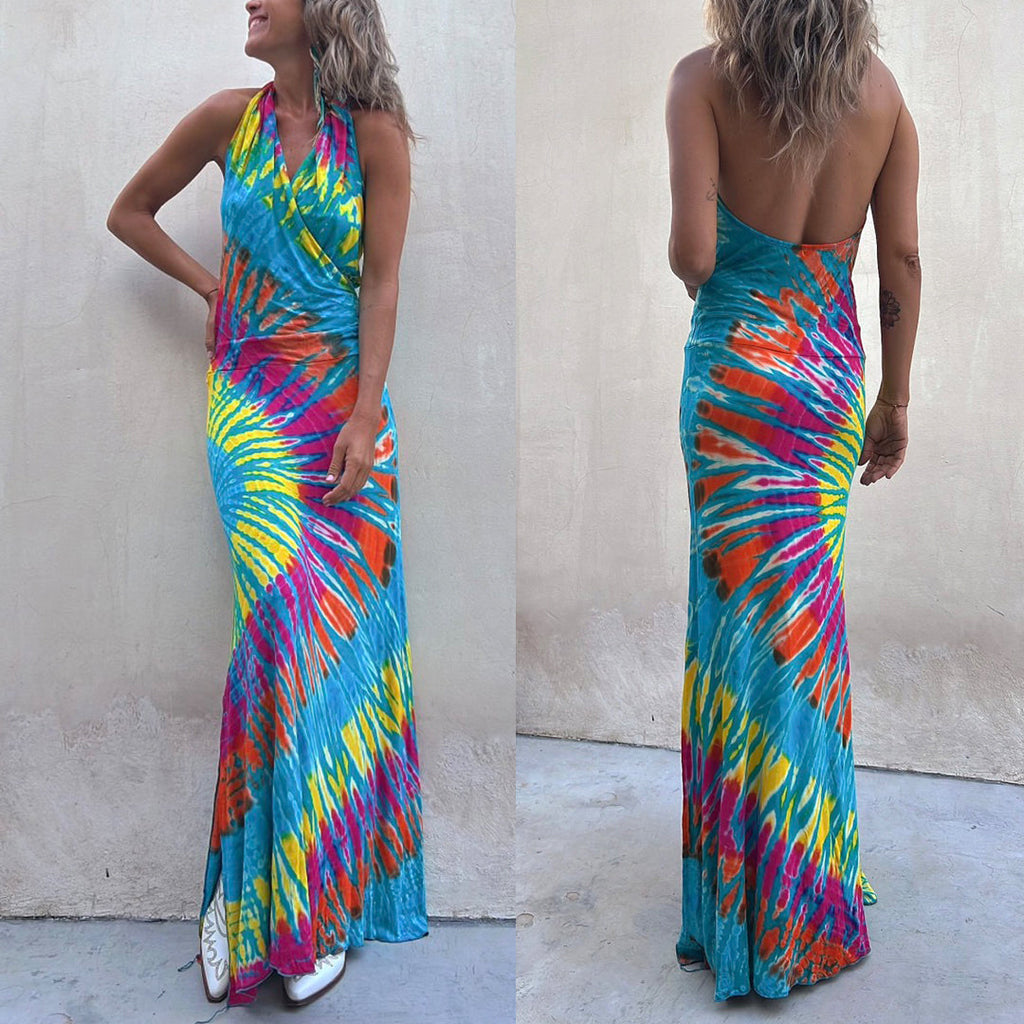 Rosiedress Sleeveless Halter Backless Maxi Tie Dye Dress