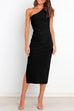 Rosiedress One Shoulder Ruched Side Split Midi Pencil Dress