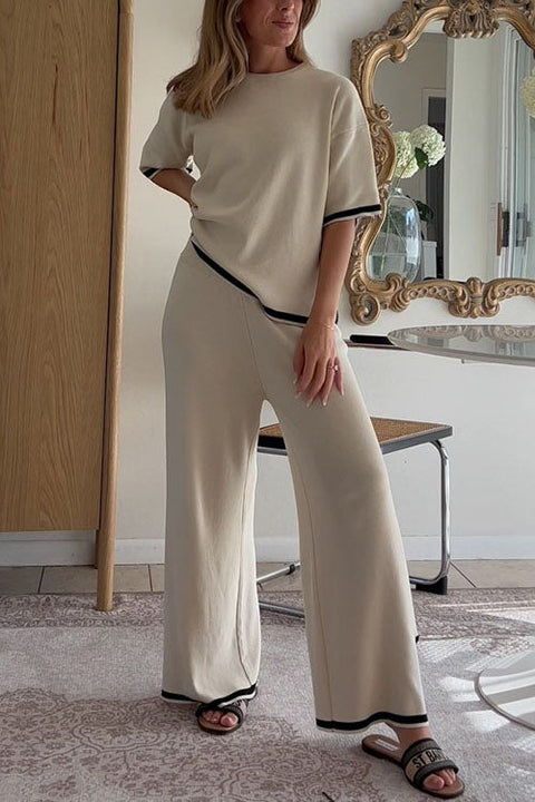 Rosiedress Color Block Short Sleeves Side Split Pullover Wide Leg Pants Knitting Loungewear Set