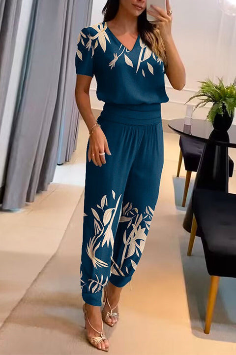 Rosiedress V Neck Short Sleeve Tunic Top High Waist Harem Joggers Printed Set