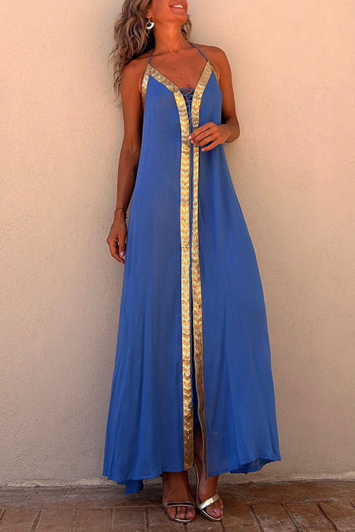Rosiedress V Neck Backless Sequin Detailed Slit Maxi Cami Dress