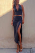 Rosiedress Deep V Neck Sleeveless Crop Top Drawstring Side Split Skirt Set