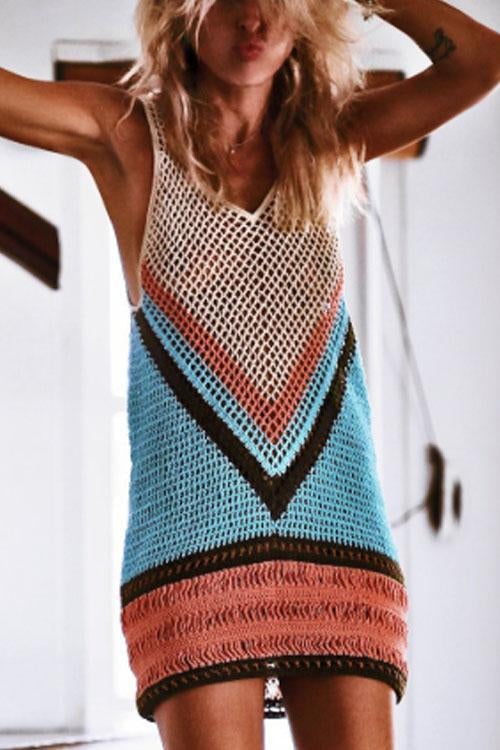 Rosiedress Color Block Hollow Out Beach Cover Up