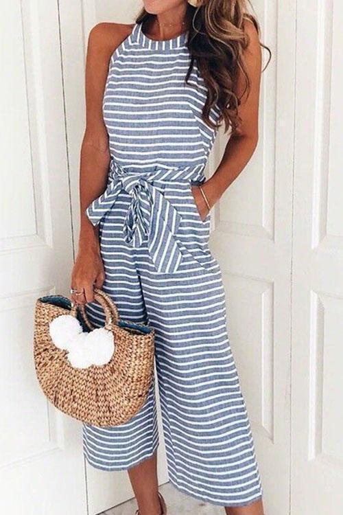 Rosiedress Crewneck Sleeveless Striped Bow-Knot Wide Leg Jumpsuit