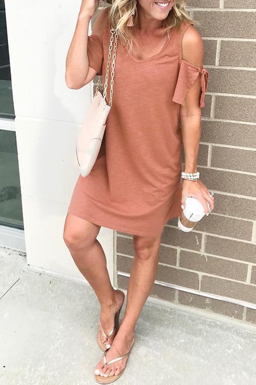 Rosiedress V Neck Cold Shoulder Solid T Shirt Dress