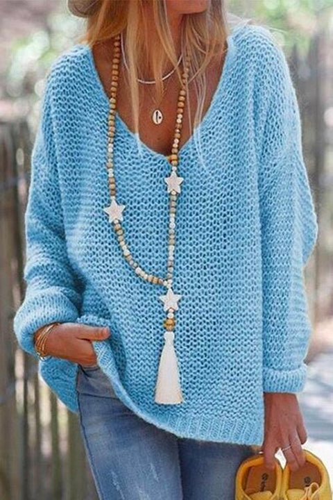 Rosiedress V Neck Drop Shoulder Solid Knit Sweater